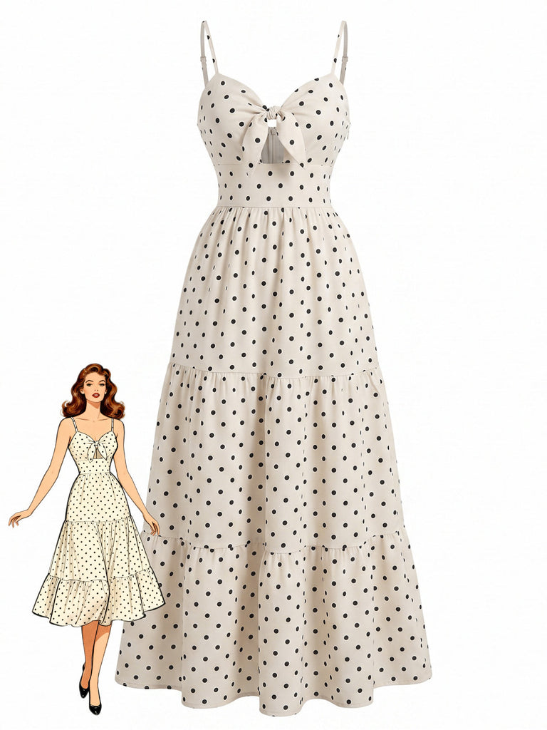 Beige 40er Kleid mit Polka-Dots und Schleife
