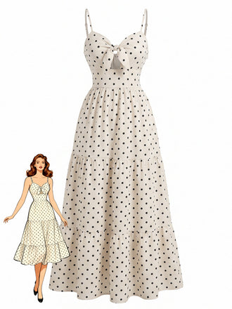 Beige 40er Kleid mit Polka-Dots und Schleife