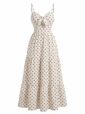 Beige 40er Kleid mit Polka-Dots und Schleife