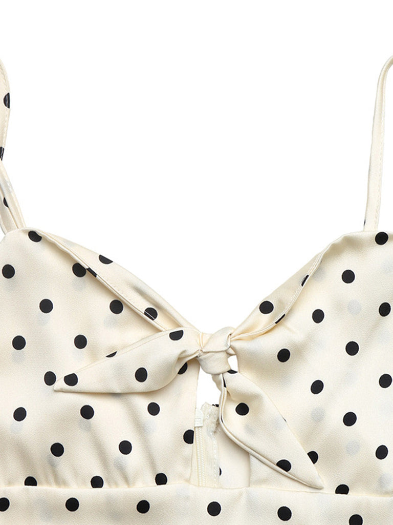 Beige 40er Kleid mit Polka-Dots und Schleife