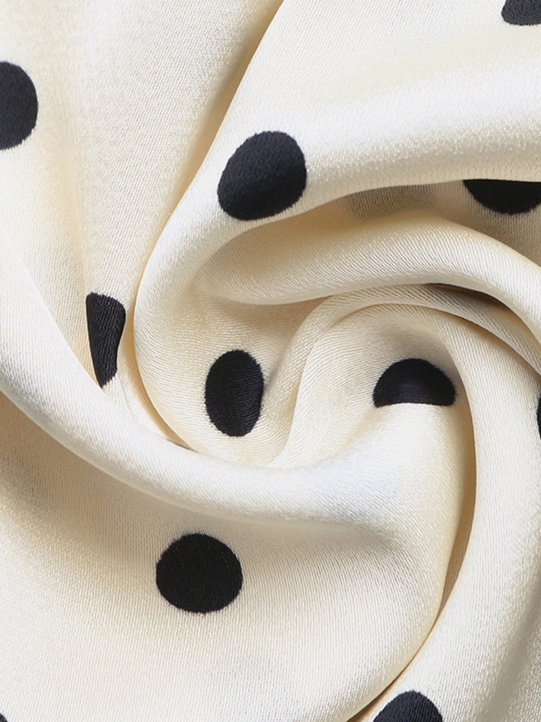 Beige 40er Kleid mit Polka-Dots und Schleife