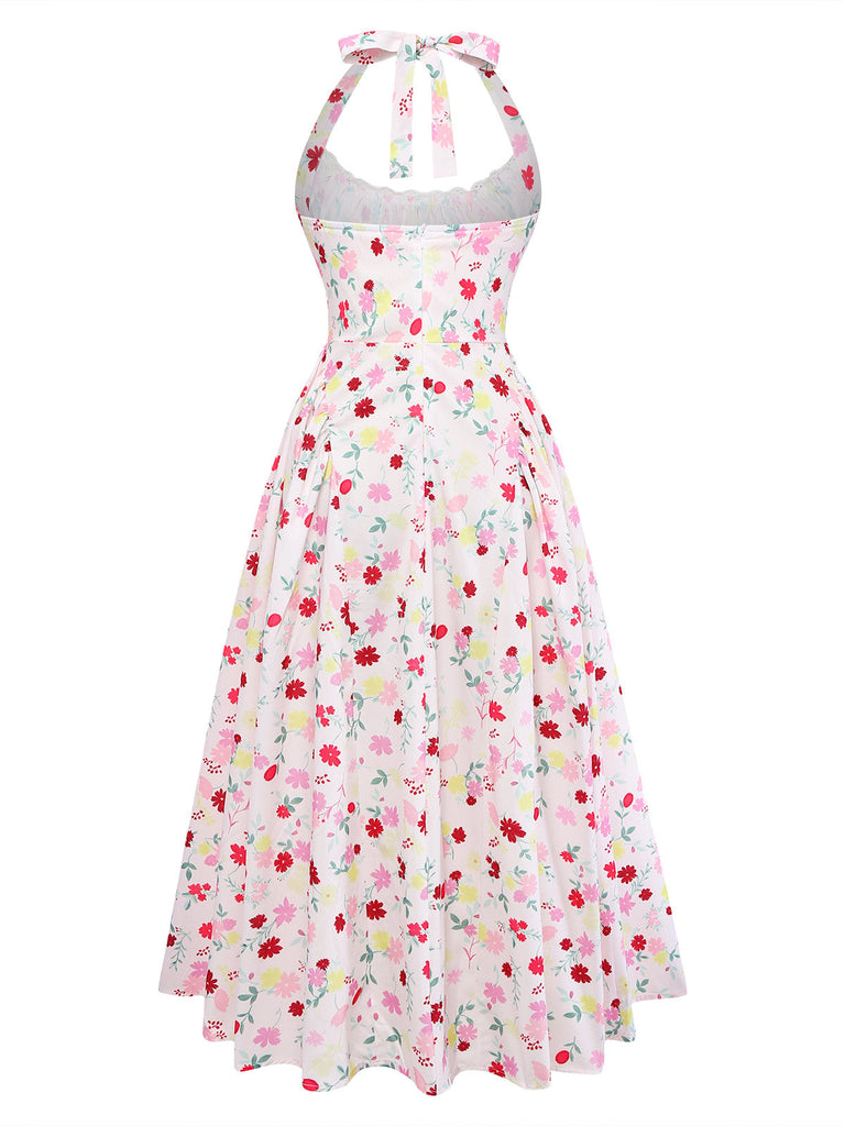 Weißes & Rosa 50er Midikleid mit Neckholder und Blumen
