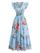 Blaues & Rosa 40er Kleid mit Kappärmel und V-Ausschnitt