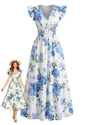 Blaues & Rosa 40er Kleid mit Kappärmel und V-Ausschnitt