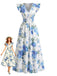 Blaues & Rosa 40er Kleid mit Kappärmel und V-Ausschnitt