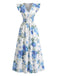 Blaues & Rosa 40er Kleid mit Kappärmel und V-Ausschnitt