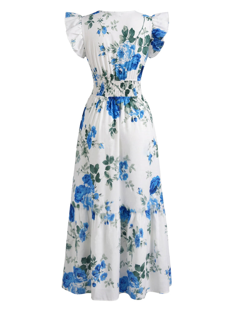 Blaues & Rosa 40er Kleid mit Kappärmel und V-Ausschnitt