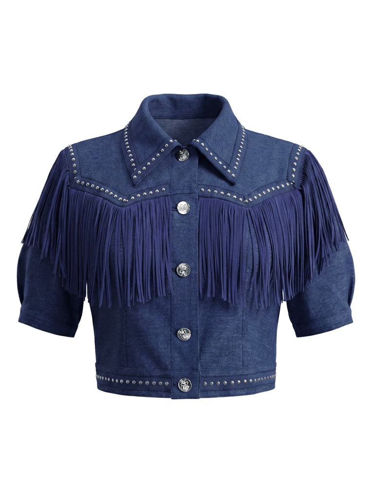 Marineblaue 60er Jeans-Jacke mit Fransen und Nieten