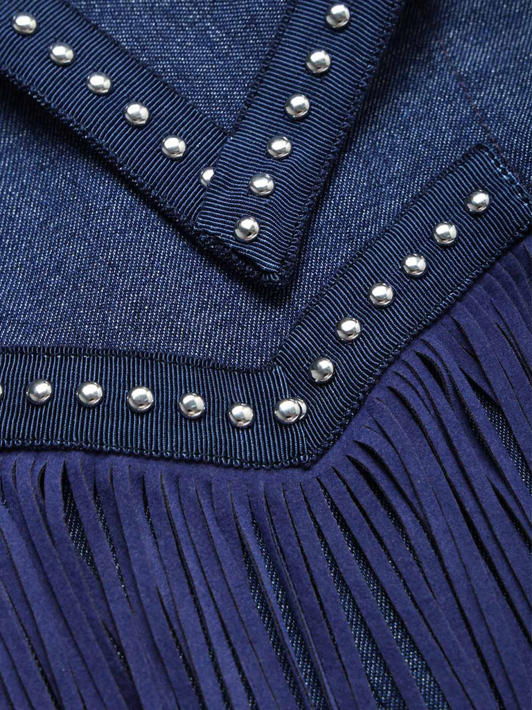Marineblaue 60er Jeans-Jacke mit Fransen und Nieten