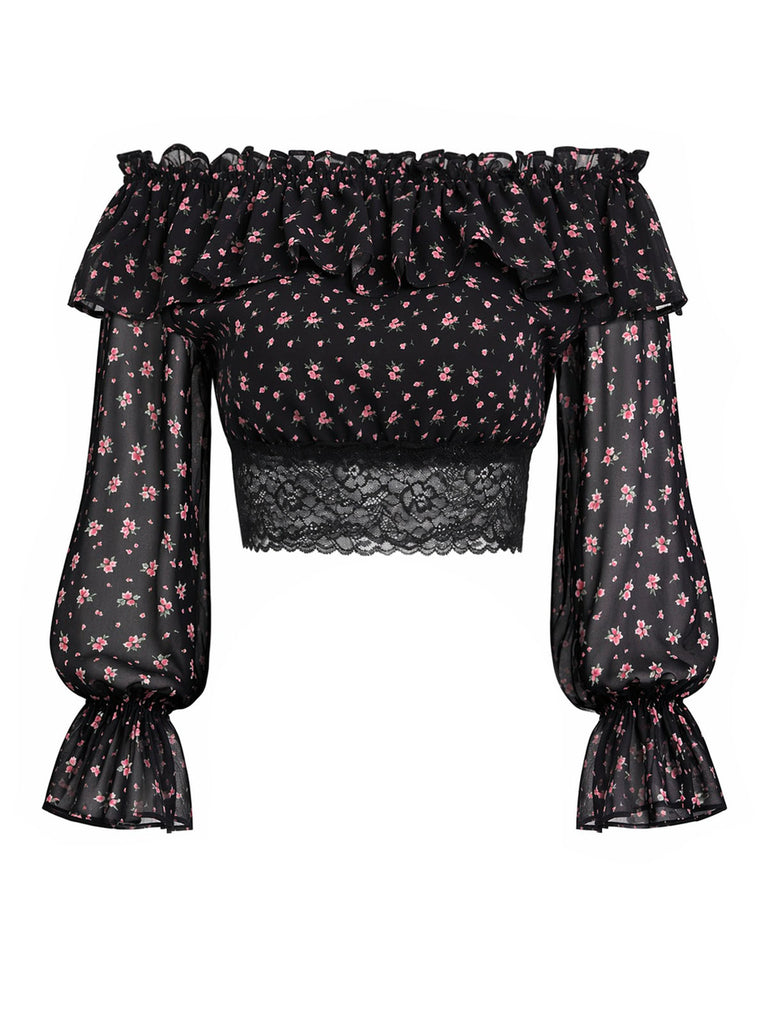 Schwarzes 50er schulterfreies Top mit Streublumen und Spitze