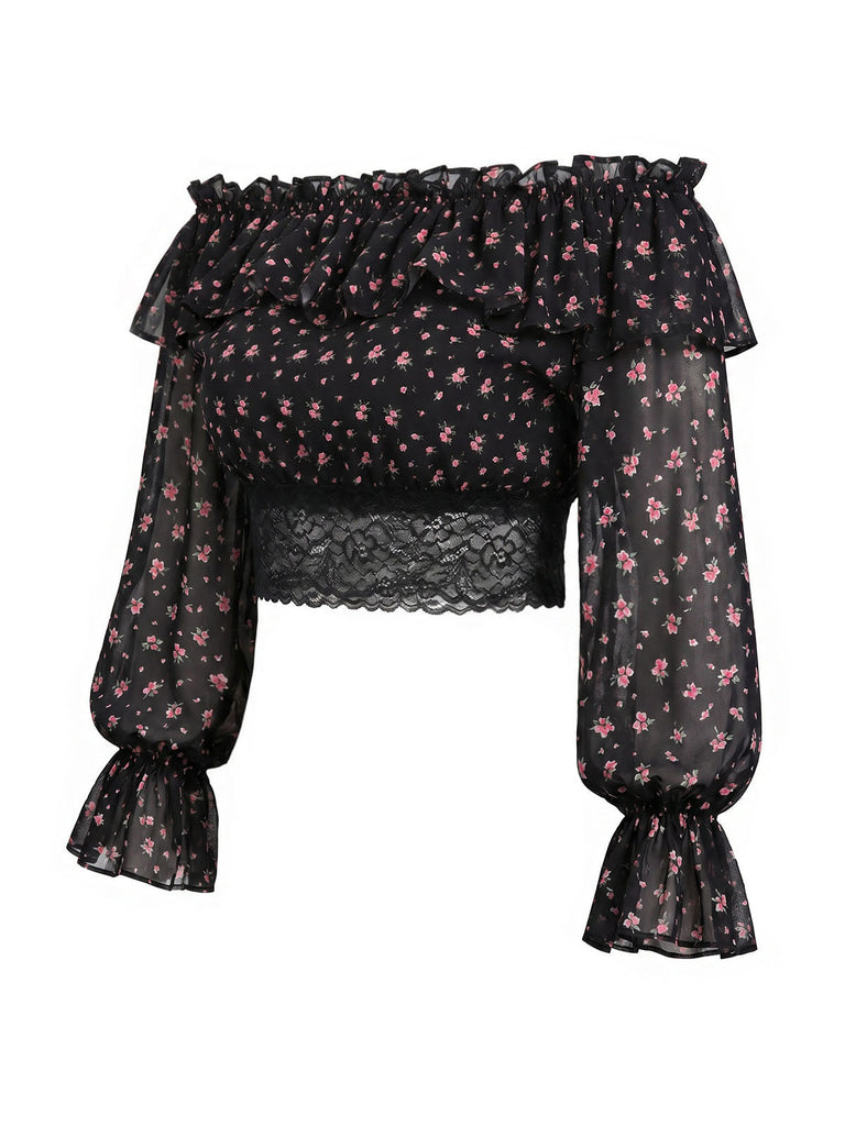Schwarzes 50er schulterfreies Top mit Streublumen und Spitze