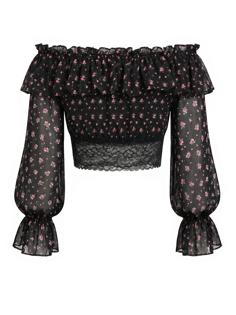 Schwarzes 50er schulterfreies Top mit Streublumen und Spitze