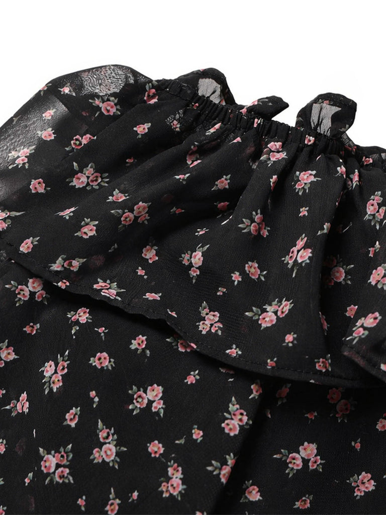 Schwarzes 50er schulterfreies Top mit Streublumen und Spitze