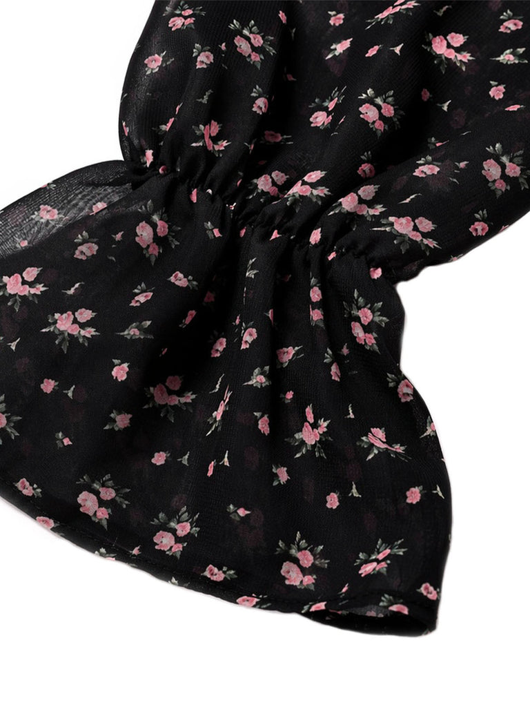 Schwarzes 50er schulterfreies Top mit Streublumen und Spitze