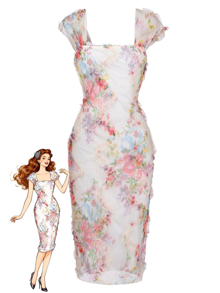Mehrfarbiges 60er Netz-Kleid mit Blumen und Figurbetont