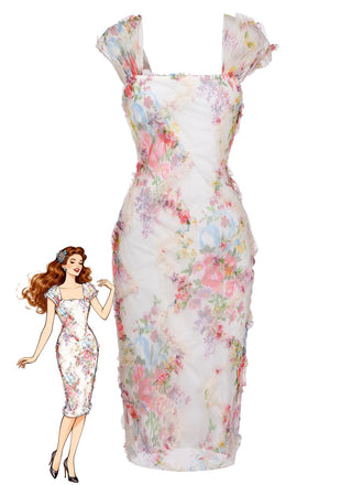 Mehrfarbiges 60er Netz-Kleid mit Blumen und Figurbetont