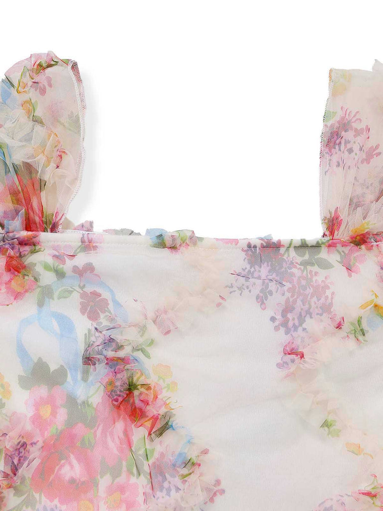 Mehrfarbiges 60er Netz-Kleid mit Blumen und Figurbetont