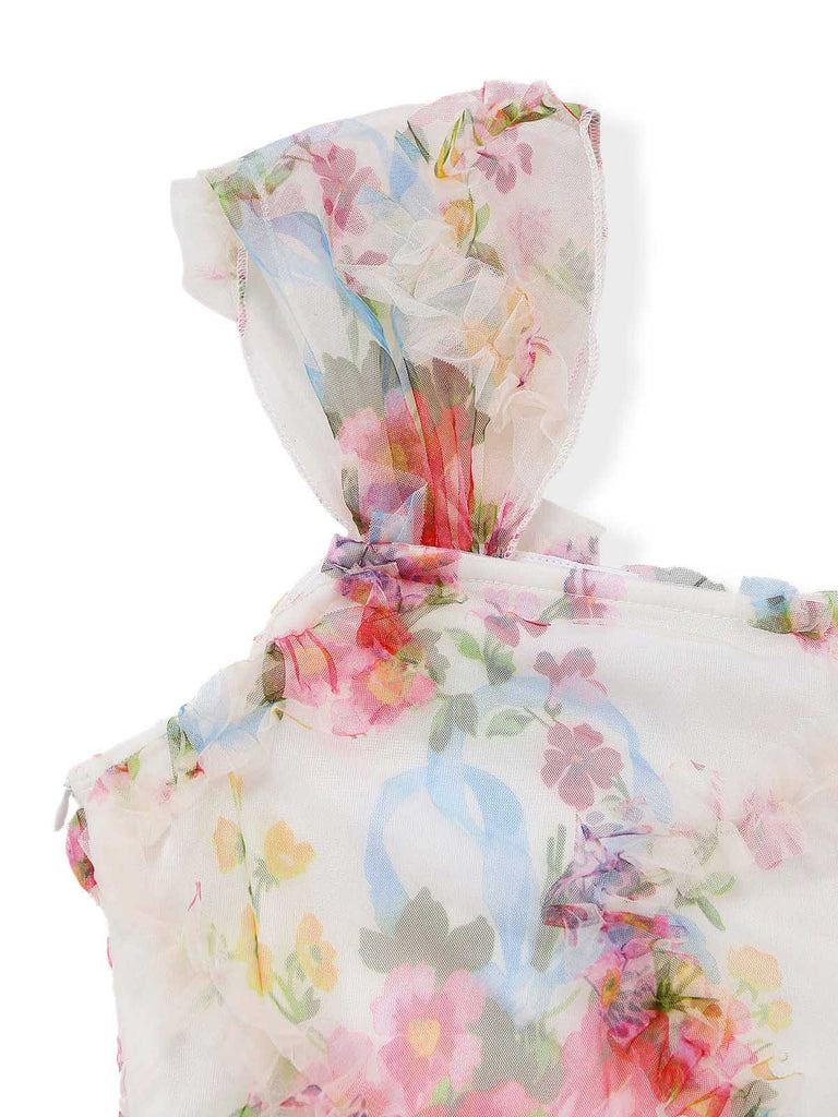 Mehrfarbiges 60er Netz-Kleid mit Blumen und Figurbetont