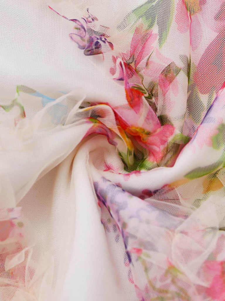 Mehrfarbiges 60er Netz-Kleid mit Blumen und Figurbetont