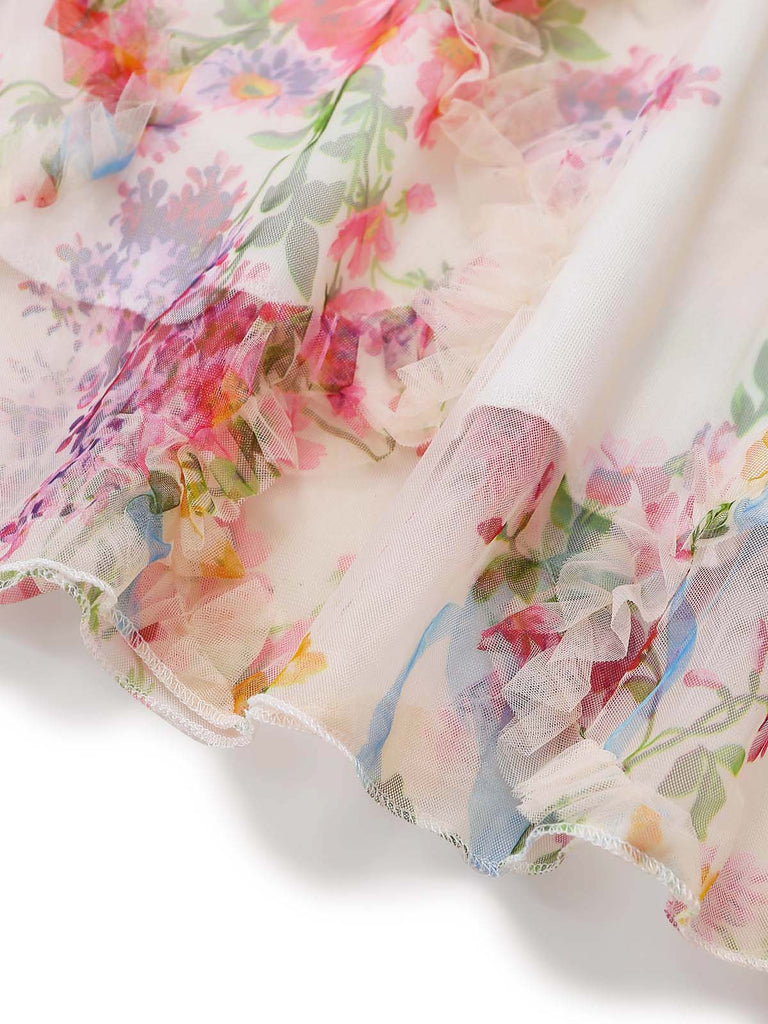 Mehrfarbiges 60er Netz-Kleid mit Blumen und Figurbetont