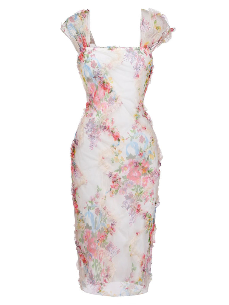 Mehrfarbiges 60er Netz-Kleid mit Blumen und Figurbetont