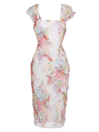 Mehrfarbiges 60er Netz-Kleid mit Blumen und Figurbetont