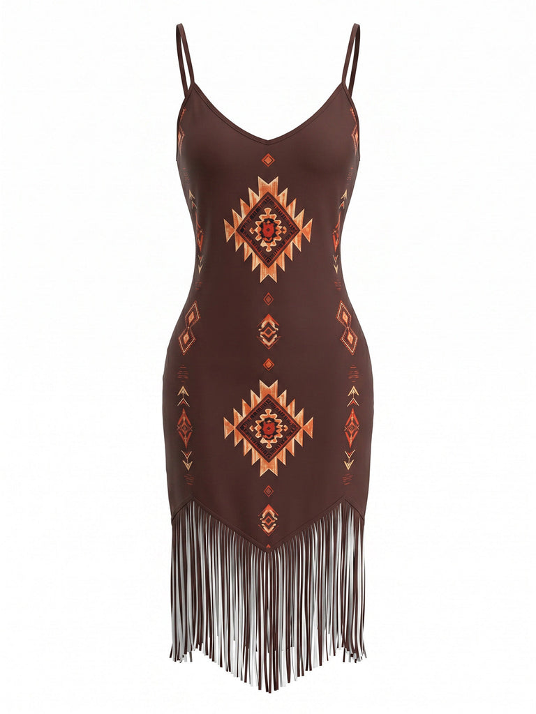 Braunes 70er Boho Kleid mit V-Ausschnitt und Fransen-Saum