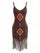 Braunes 70er Boho Kleid mit V-Ausschnitt und Fransen-Saum