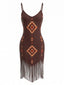 Braunes 70er Boho Kleid mit V-Ausschnitt und Fransen-Saum