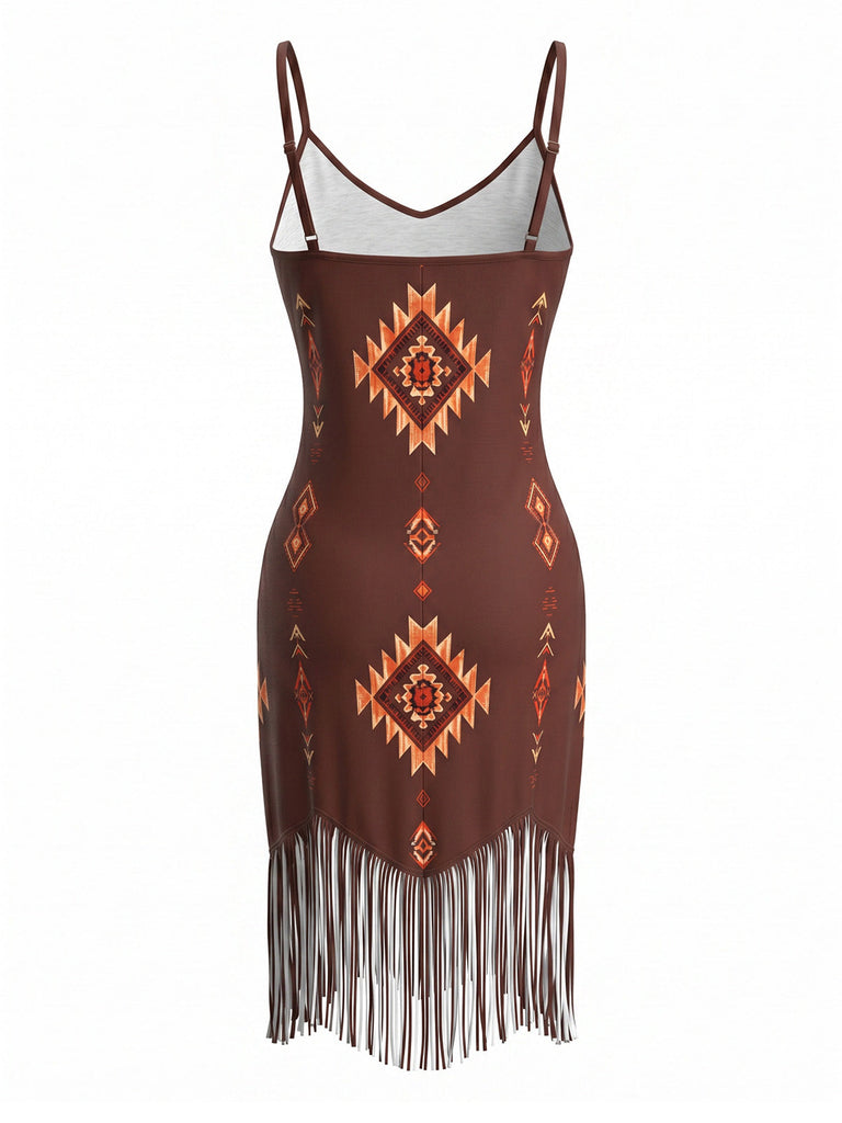 Braunes 70er Boho Kleid mit V-Ausschnitt und Fransen-Saum