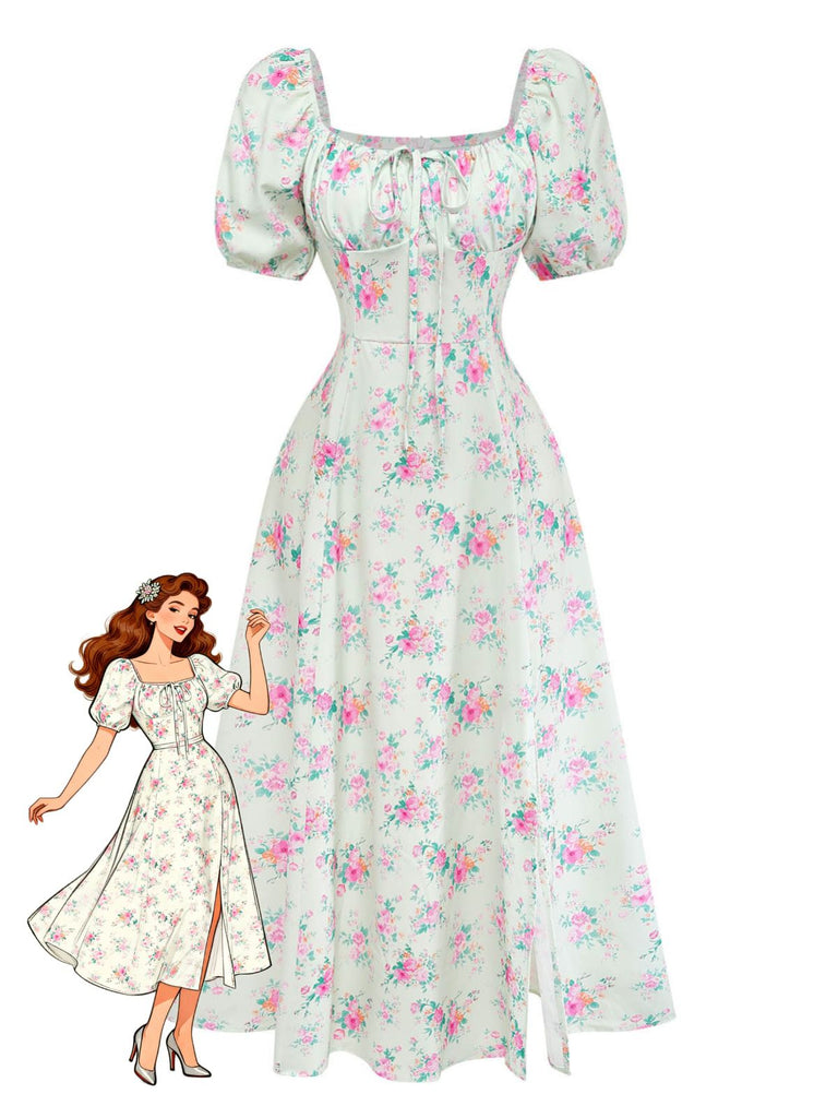 Grünes 50er Kleid mit Streublumen und Puffärmel