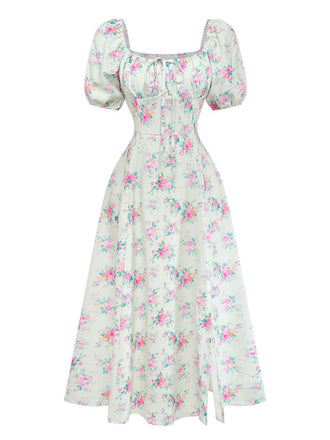 Grünes 50er Kleid mit Streublumen und Puffärmel