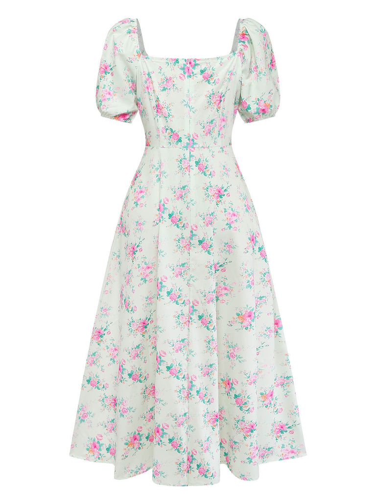 Grünes 50er Kleid mit Streublumen und Puffärmel