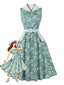 Graugrünes 50er Kleid mit Blumen und Gürtel