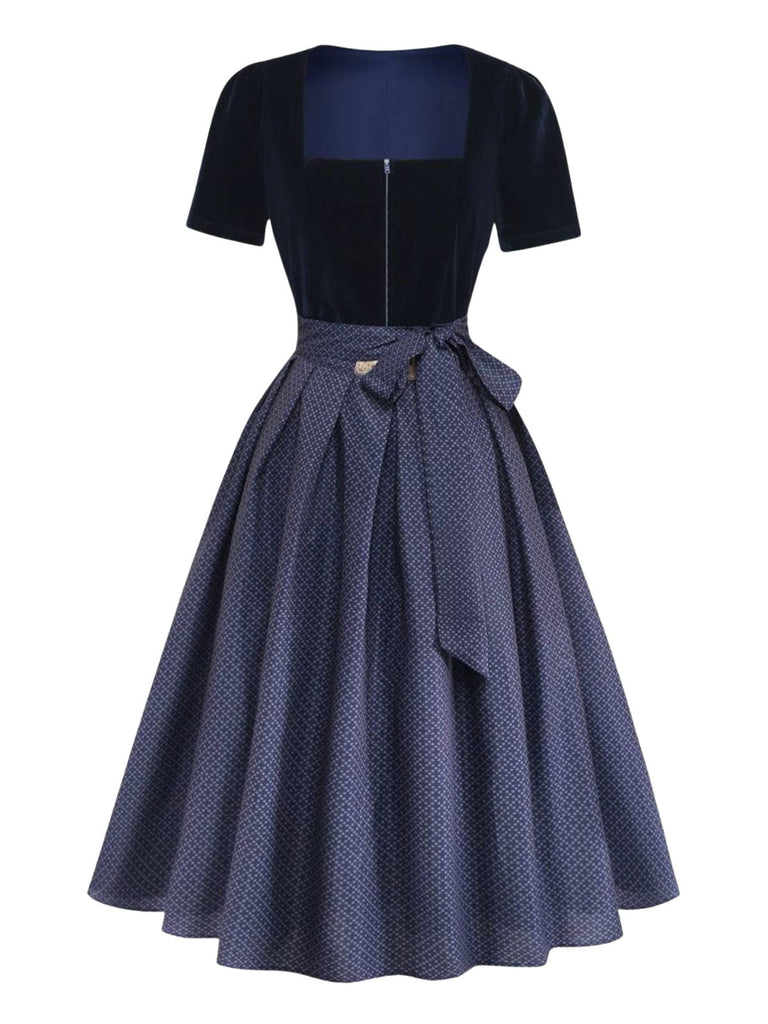 Blaues 50er Kleid mit Eckiger Ausschnitt und Polka-Dots