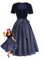 Blaues 50er Oktoberfest-Dirndl-Set mit Samt-Patchwork und Polka-Dot-Schürze