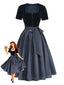 Blaues 50er Oktoberfest-Dirndl-Set mit Samt-Patchwork und Polka-Dot-Schürze
