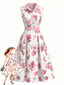 Rosa 50er ärmelloses Swingkleid mit Rosen-Print und Reverskragen