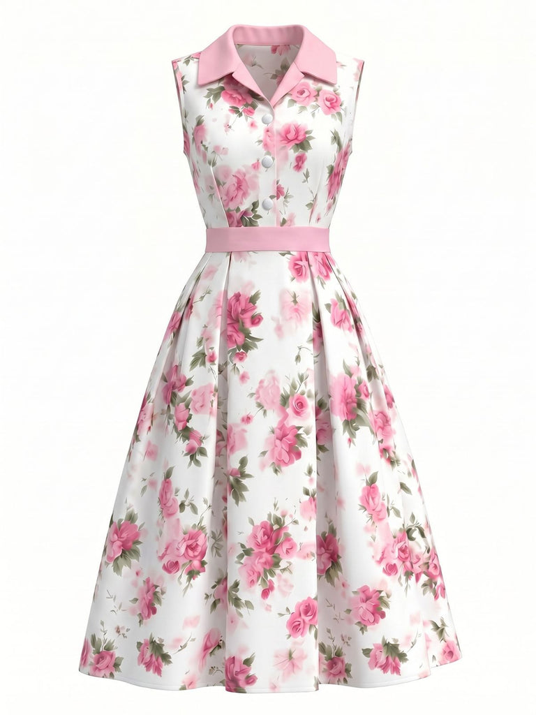 Rosa & Rosa 50er Ärmelloses Swingkleid mit Reverskragen und Knopf