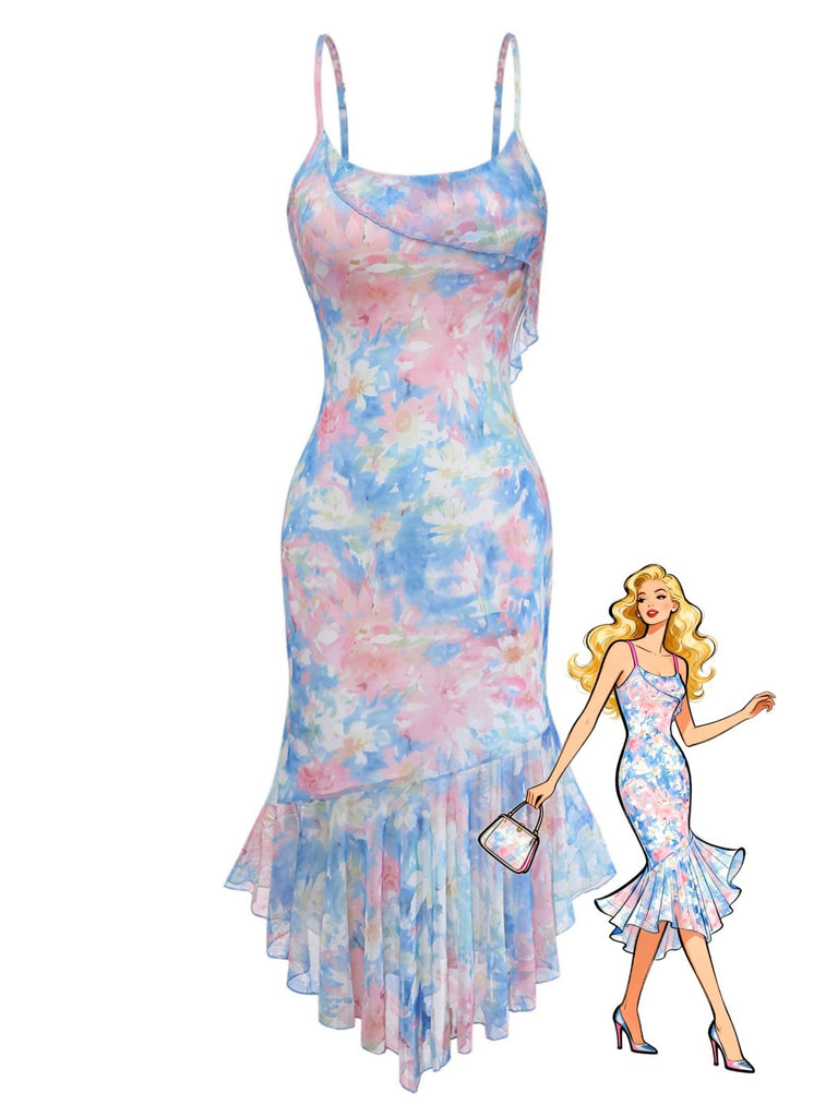 Blaues 30er Meerjungfrauenkleid mit Spaghettiträger und Blumen