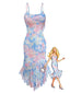 Blaues 30er Meerjungfrauenkleid mit Blumen und Rüschensaum