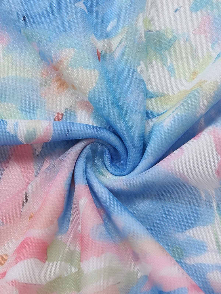 Blaues 30er Meerjungfrauenkleid mit Spaghettiträger und Blumen