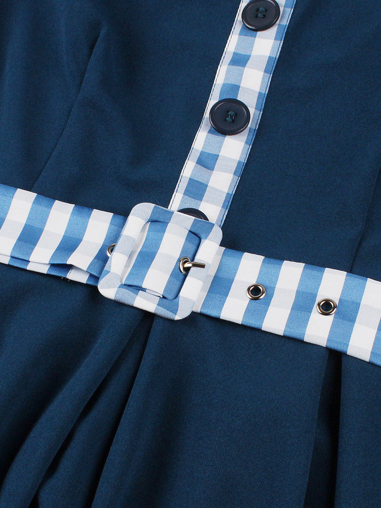Marineblaues 50er Swingkleid mit Peter-Pan-Kragen und Gingham
