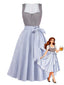 Braunes 50er Oktoberfest-Dirndl-Set mit Streifen und Blumenschürze