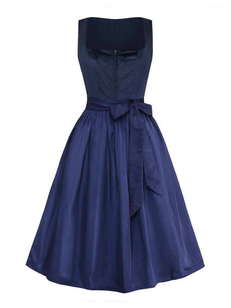 Dunkelblaues 50er Jacquard-Kleid mit Eckiger Ausschnitt und Samt