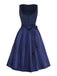 Dunkelblaues 50er Jacquard-Kleid mit Eckiger Ausschnitt und Samt