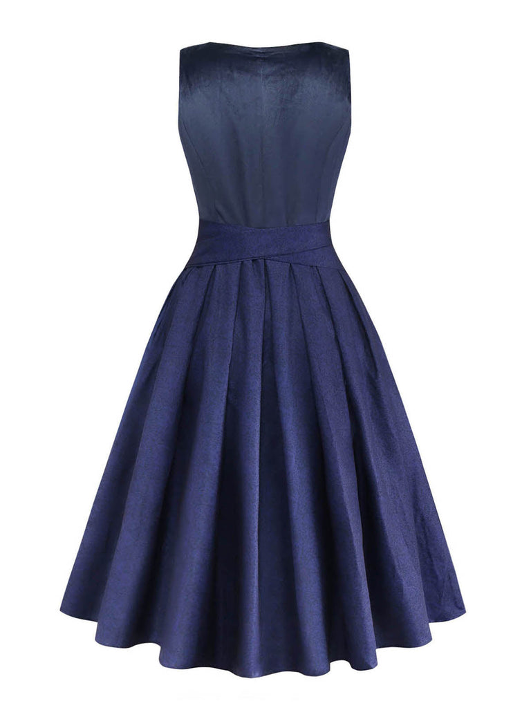 Dunkelblaues 50er Jacquard-Kleid mit Eckiger Ausschnitt und Samt