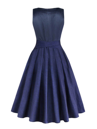 Dunkelblaues 50er Jacquard-Kleid mit Eckiger Ausschnitt und Samt