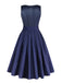Dunkelblaues 50er Jacquard-Kleid mit Eckiger Ausschnitt und Samt