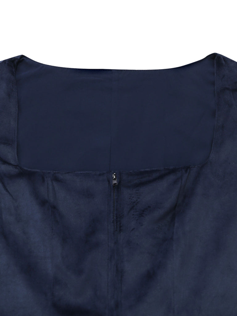 Dunkelblaues 50er Jacquard-Kleid mit Samt und Spitze